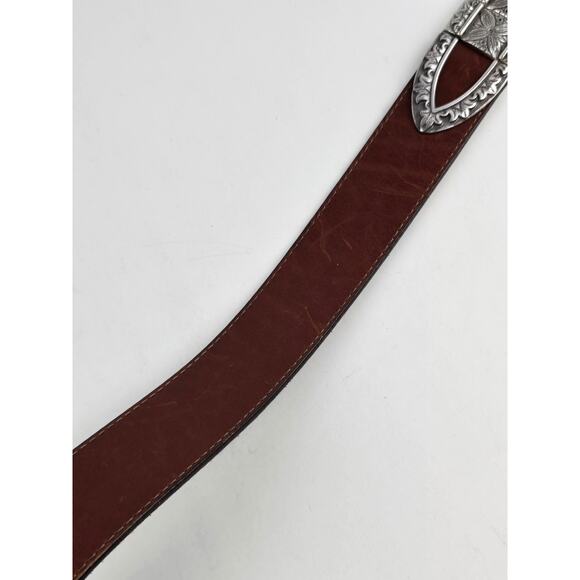 Vintage Brighton brown leather silver tone chain link flower belt 40\
